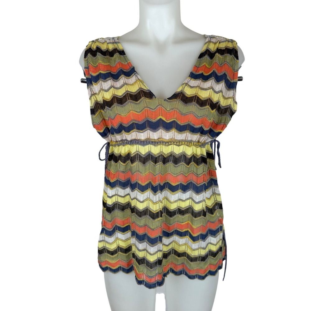 Y2K M Missoni Multicolor Zigzag Knit V-Neck Empire Waist Top SZ 10 Cotton Linen